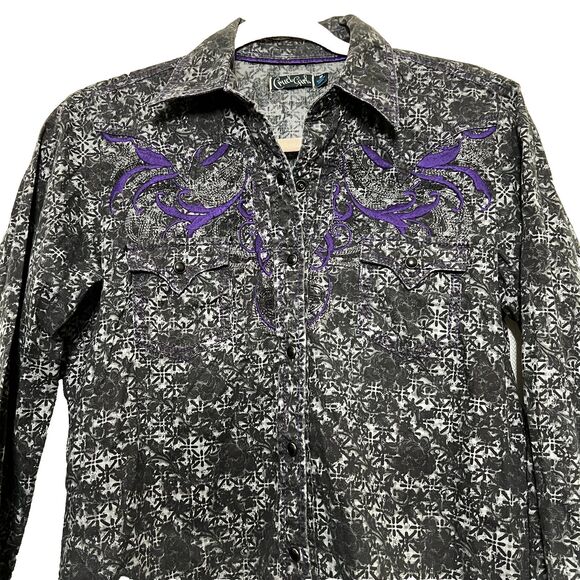 Cruel Girl Western Pearl Snap Shirt Women M Embroidered Black Purple Rodeo Y2K - Picture 6 of 16